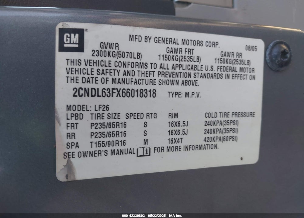 2006 CHEVROLET EQUINOX VIN: 2CNDL63FX66018318