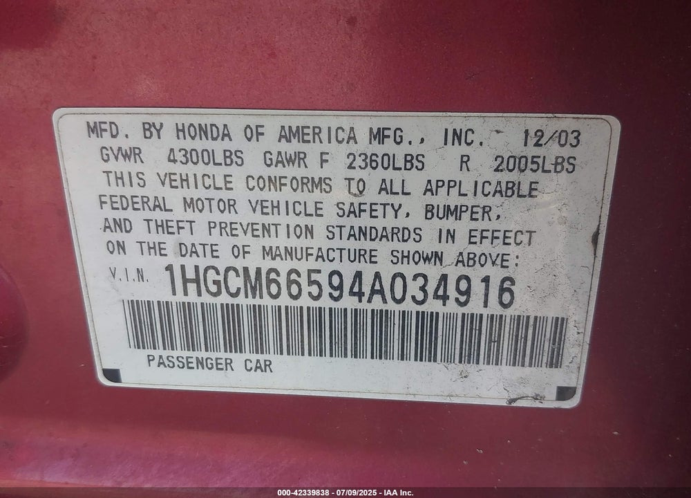 2004 HONDA ACCORD 3.0 EX VIN: 1HGCM66594A034916