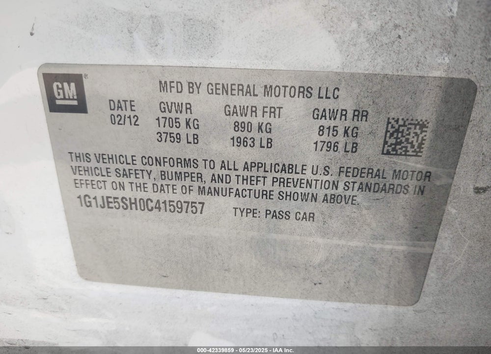 2012 CHEVROLET SONIC VIN: 1G1JE5SH0C4159757