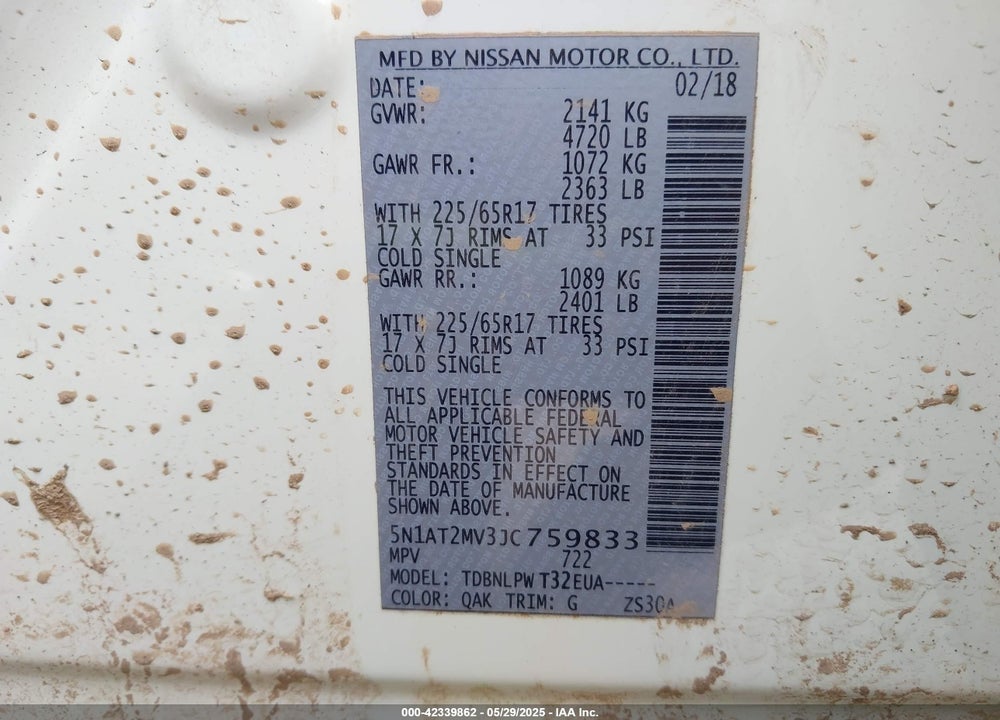 2018 NISSAN ROGUE VIN: 5N1AT2MV3JC759833