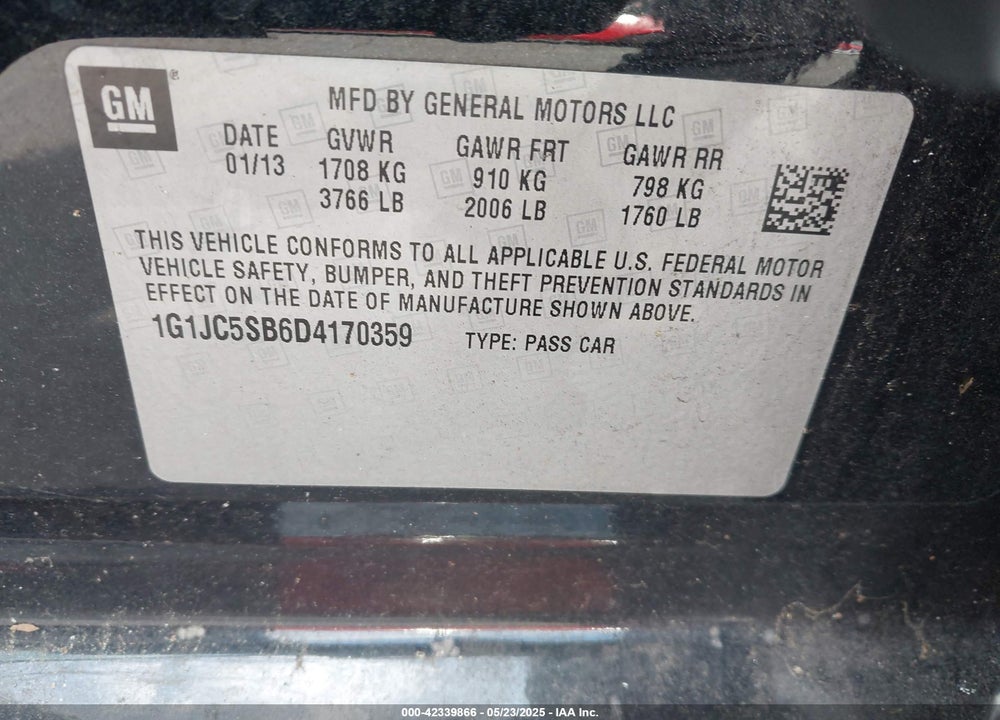 2013 CHEVROLET SONIC VIN: 1G1JC5SB6D4170359