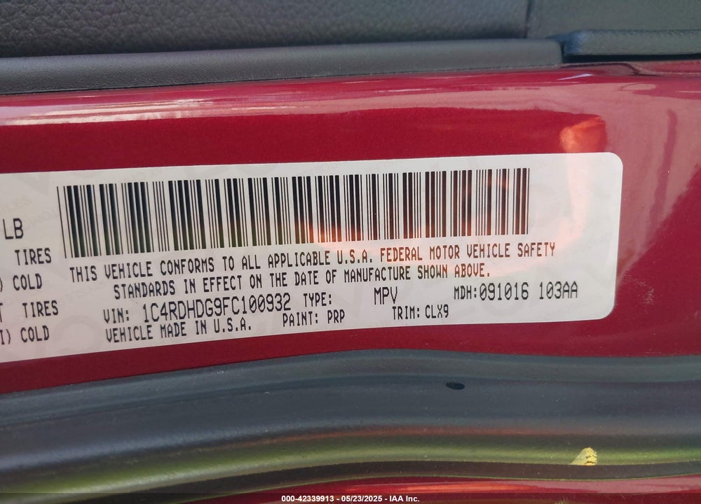 2015 DODGE DURANGO VIN: 1C4RDHDG9FC100932