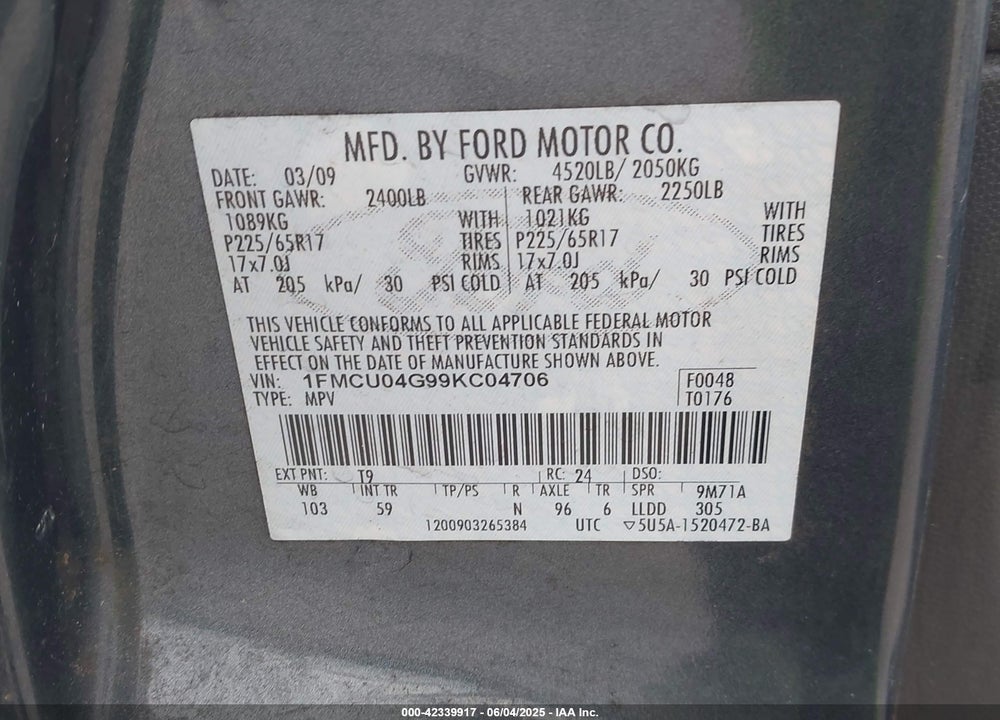 2009 FORD ESCAPE LIMITED VIN: 1FMCU04G99KC04706