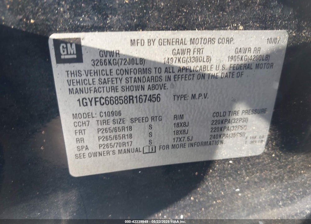 2008 CADILLAC ESCALADE ESV VIN: 1GYFC66858R167456