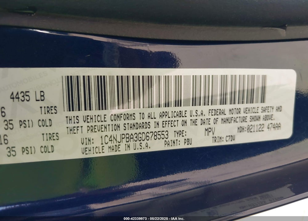 2016 JEEP PATRIOT VIN: 1C4NJPBA3GD678553