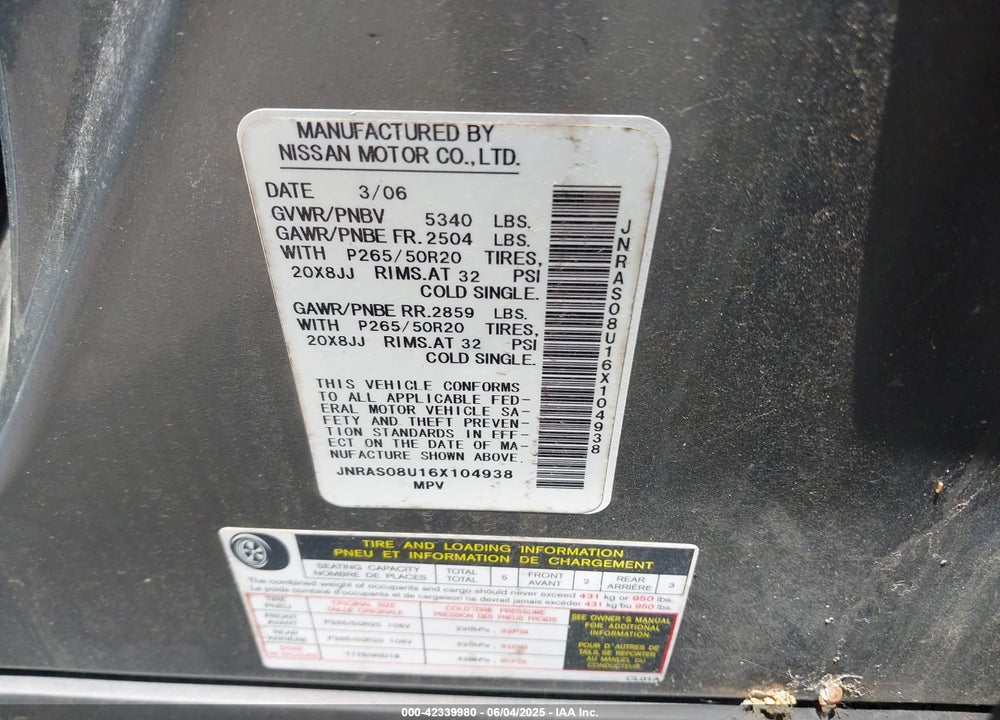 2006 INFINITI FX35 VIN: JNRAS08U16X104938