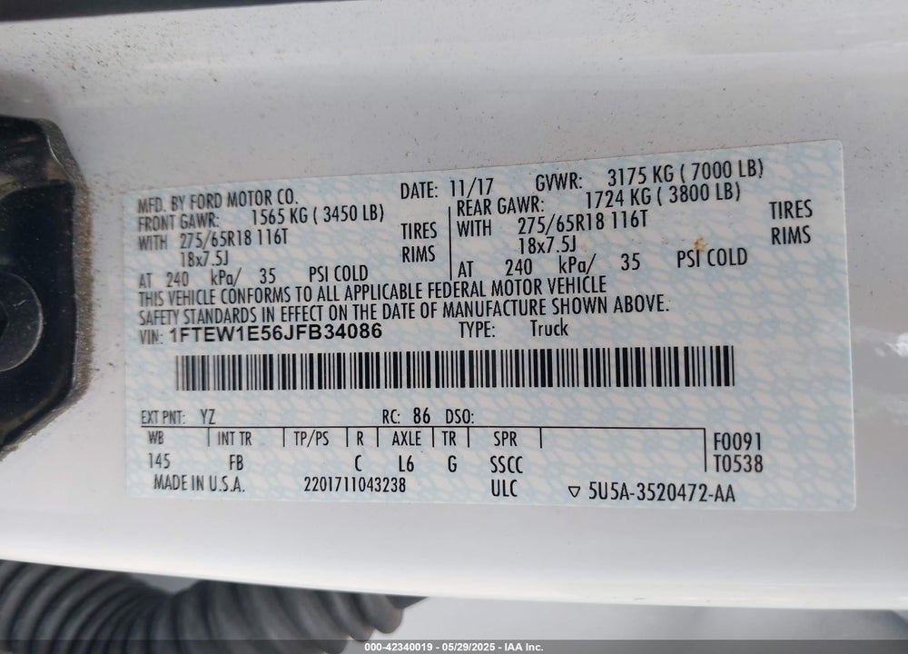 2018 FORD F-150 XLT VIN: 1FTEW1E56JFB34086
