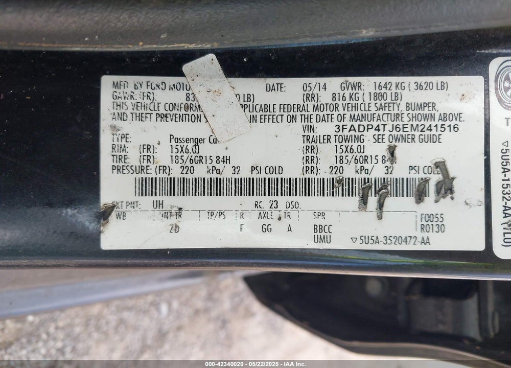 2014 FORD FIESTA S VIN: 3FADP4TJ6EM241516