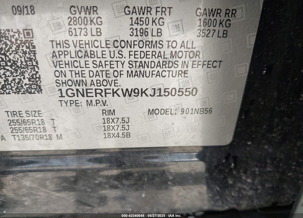 2019 CHEVROLET TRAVERSE VIN: 1GNERFKW9KJ150550