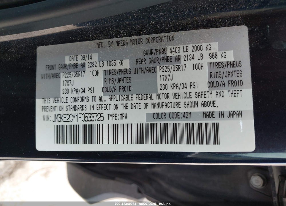 2015 MAZDA CX-5 TOURING VIN: JM3KE2CY1F0533725