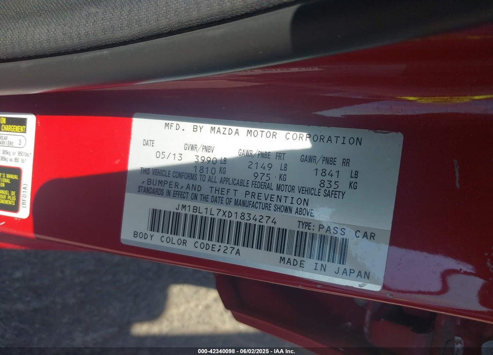 2013 MAZDA 3 I TOURING VIN: JM1BL1L7XD1834274