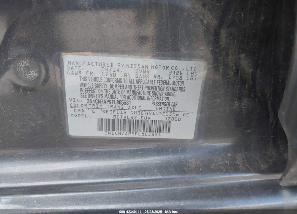 2015 NISSAN VERSA VIN: 3N1CN7AP9FL805531