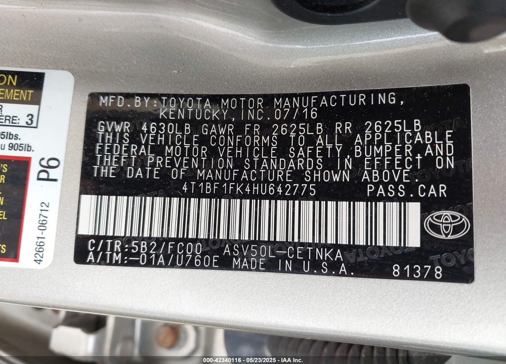 2017 TOYOTA CAMRY LE/SE/XLE/XSE VIN: 4T1BF1FK4HU642775