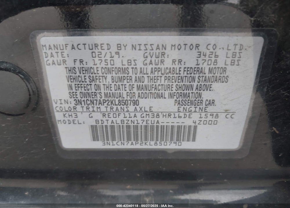 2019 NISSAN VERSA VIN: 3N1CN7AP2KL850790