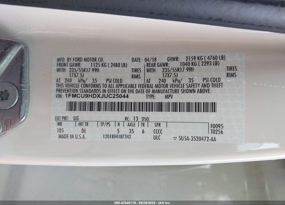 2018 FORD ESCAPE VIN: 1FMCU9HDXJUC25044