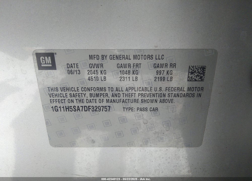 2013 CHEVROLET MALIBU VIN: 1G11H5SA7DF329757