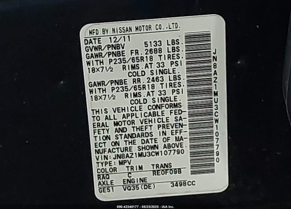 2012 NISSAN MURANO S VIN: JN8AZ1MU3CW107790