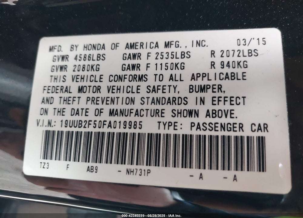 2015 ACURA TLX VIN: 19UUB2F50FA019985