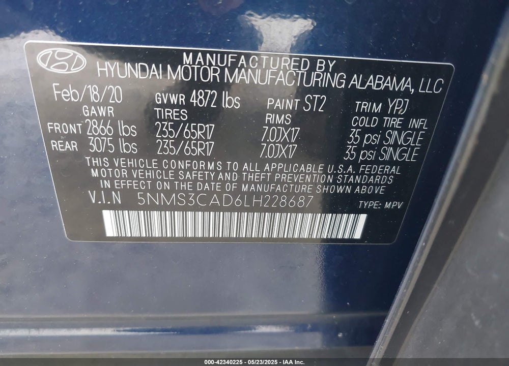 2020 HYUNDAI SANTA FE VIN: 5NMS3CAD6LH228687