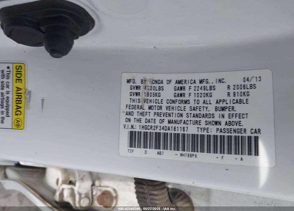 2013 HONDA ACCORD VIN: 1HGCR2F34DA181167