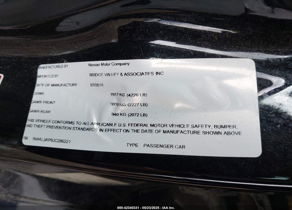 2018 NISSAN ALTIMA 2.5 S/2.5 SL/2.5 SR/2.5 SV VIN: 1N4AL3AP9JC286221