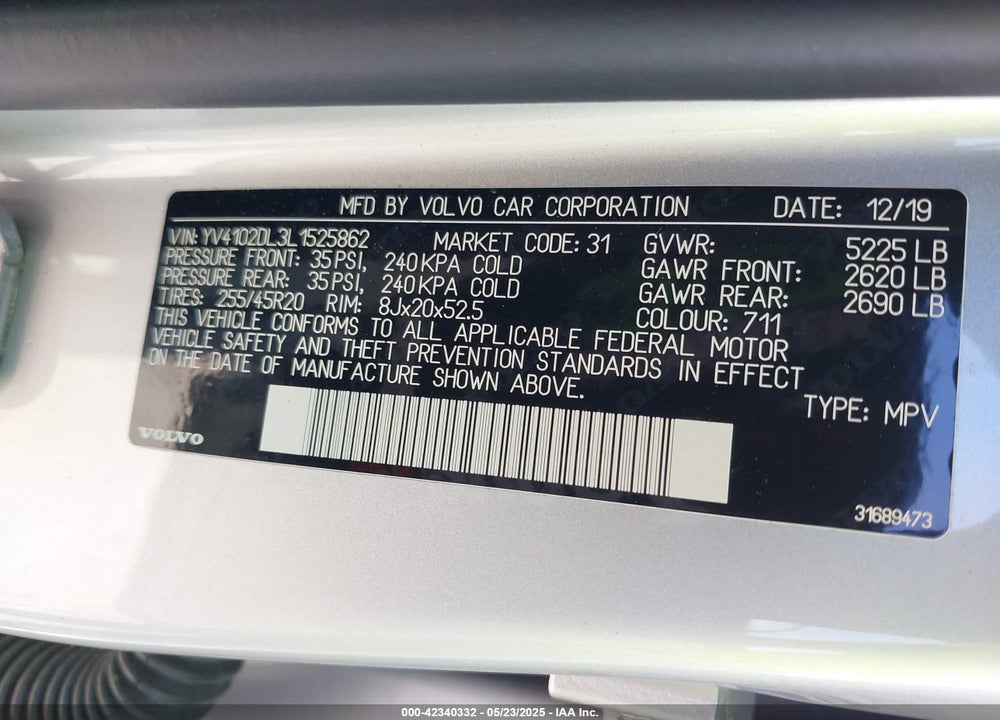 2020 VOLVO XC60 VIN: YV4102DL3L1525862