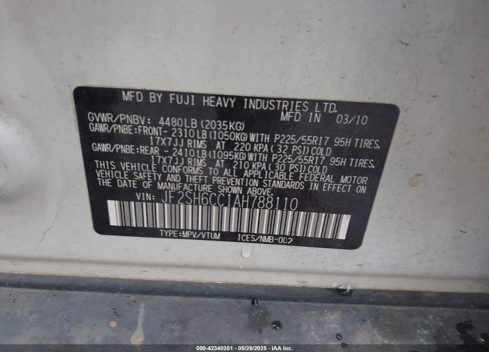 2010 SUBARU FORESTER VIN: JF2SH6CC1AH788110