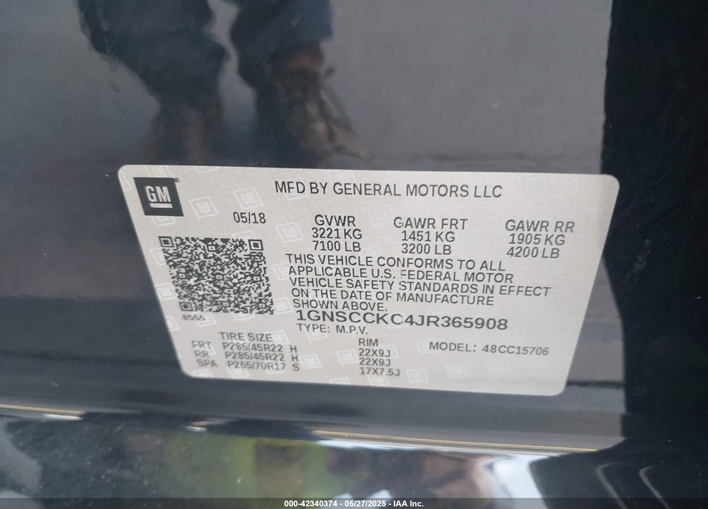 2018 CHEVROLET TAHOE VIN: 1GNSCCKC4JR365908