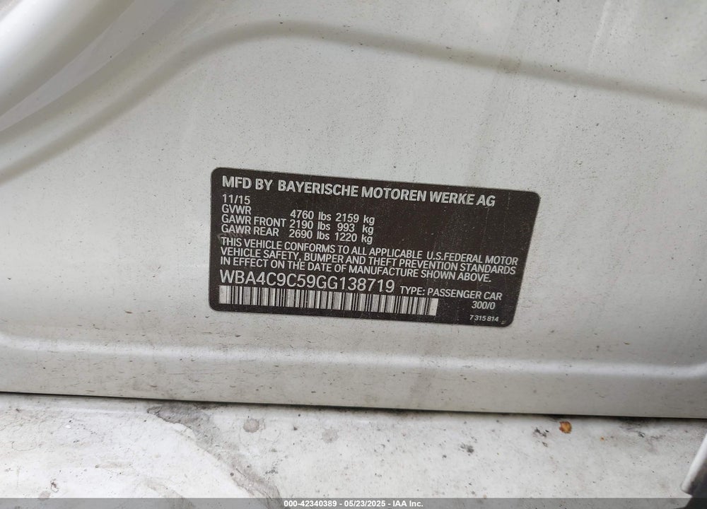 2016 BMW 4 SERIES VIN: WBA4C9C59GG138719