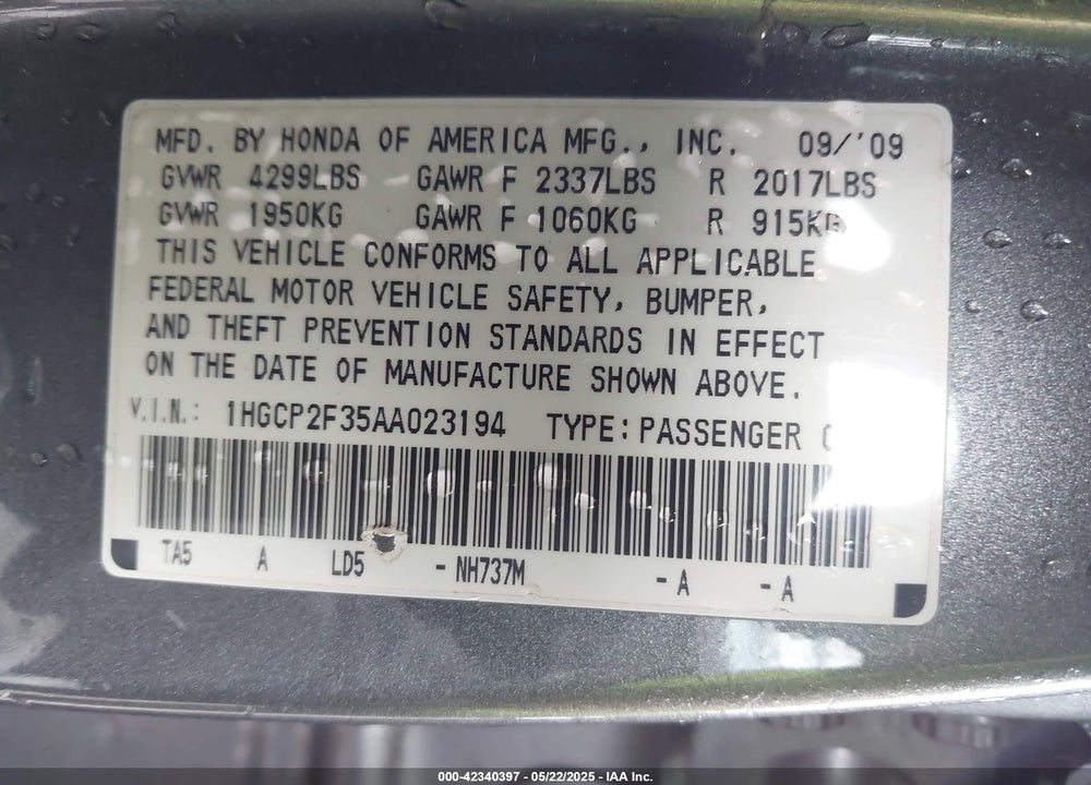 2010 HONDA ACCORD VIN: 1HGCP2F35AA023194