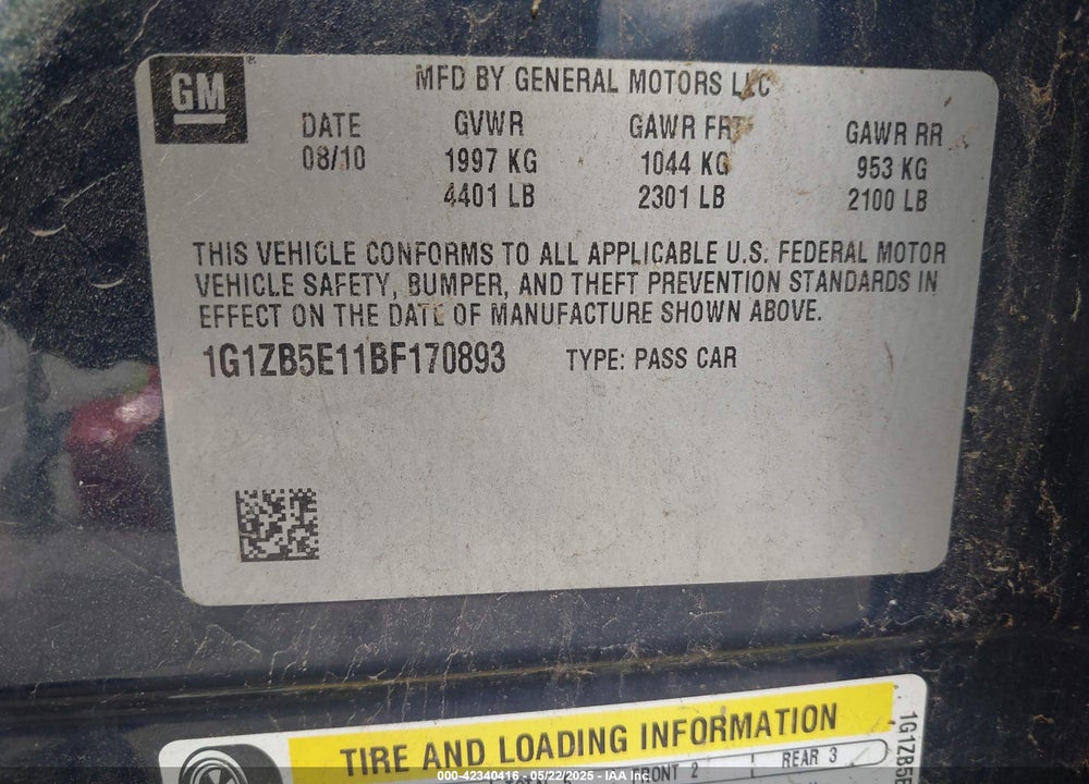 2011 CHEVROLET MALIBU VIN: 1G1ZB5E11BF170893