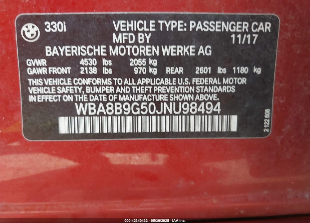 2018 BMW 3 SERIES VIN: WBA8B9G50JNU98494