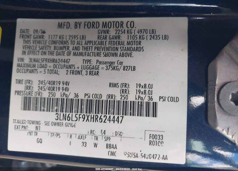 2017 LINCOLN MKZ VIN: 3LN6L5F9XHR624447