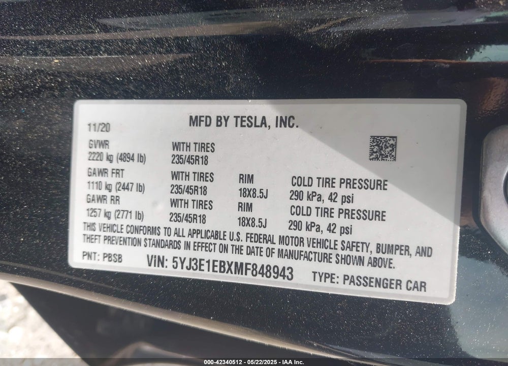 2021 TESLA MODEL 3 VIN: 5YJ3E1EBXMF848943