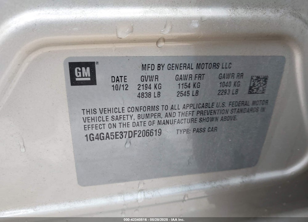 2013 BUICK LACROSSE VIN: 1G4GA5E37DF206619