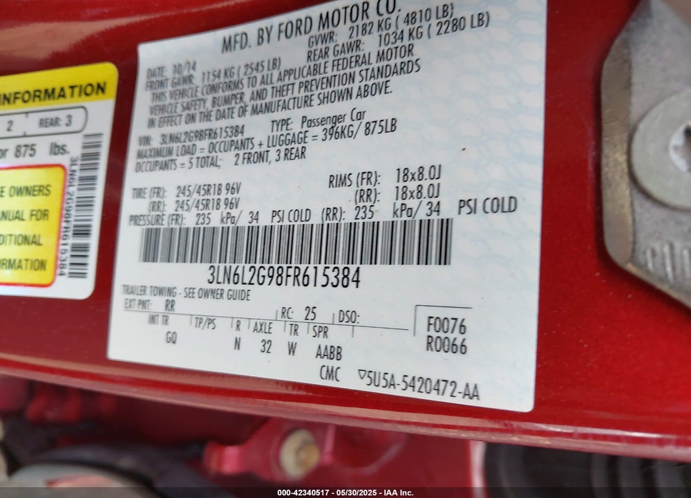 2015 LINCOLN MKZ VIN: 3LN6L2G98FR615384