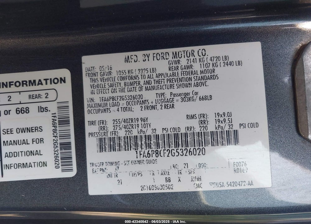 2016 FORD MUSTANG GT VIN: 1FA6P8CF2G5326020