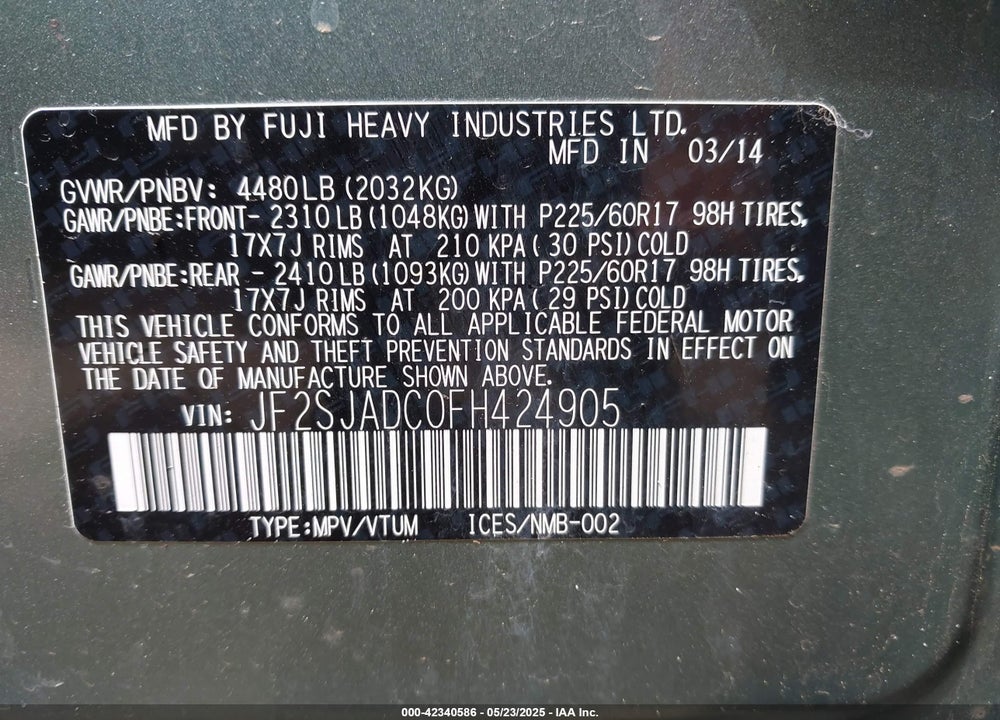 2015 SUBARU FORESTER VIN: JF2SJADC0FH424905