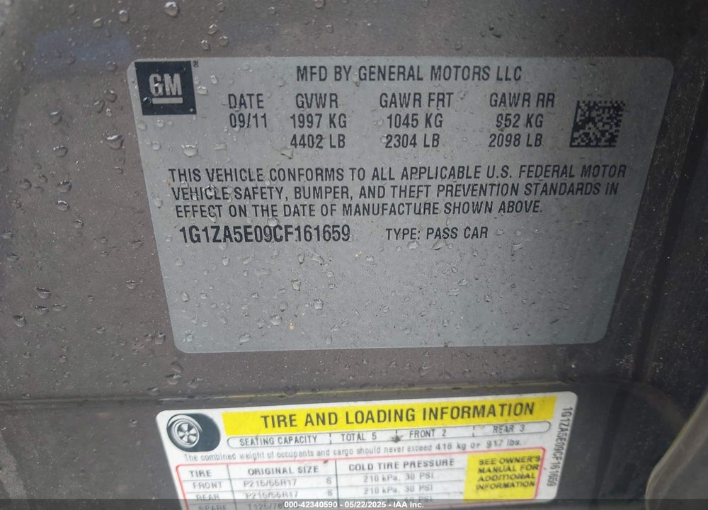 2012 CHEVROLET MALIBU VIN: 1G1ZA5E09CF161659