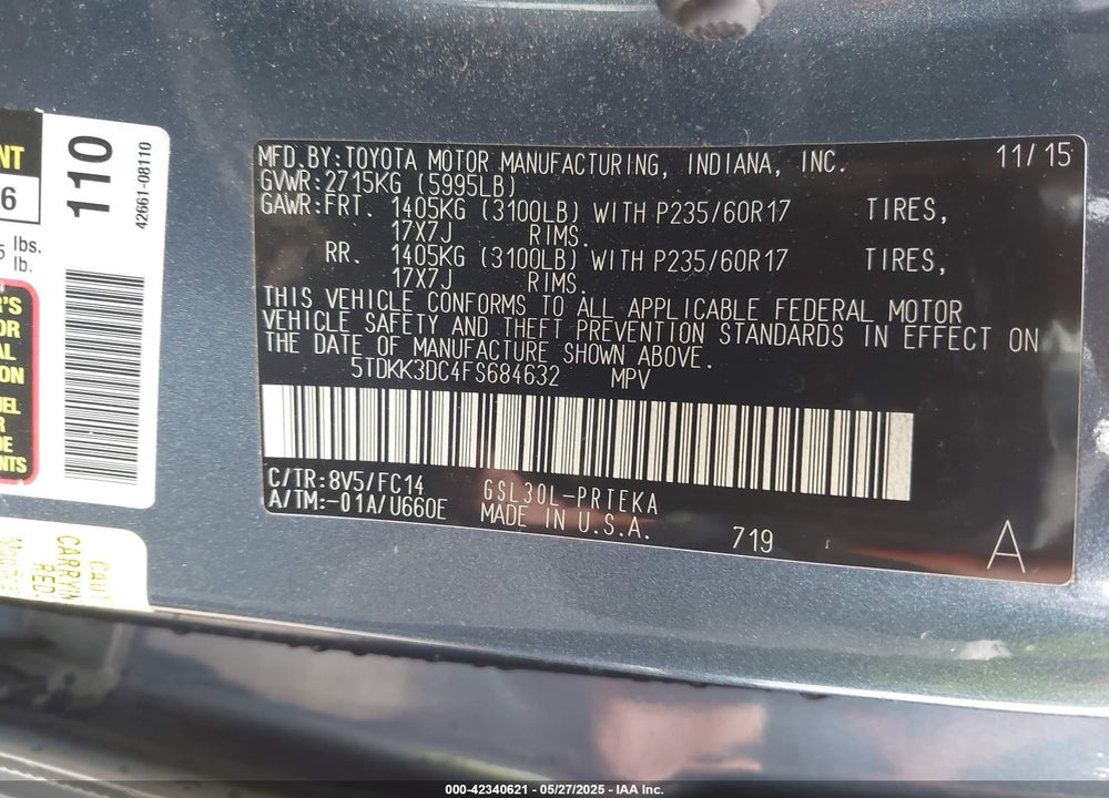 2015 TOYOTA SIENNA VIN: 5TDKK3DC4FS684632
