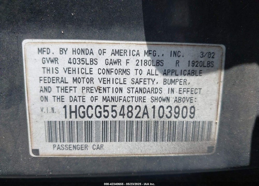 2002 HONDA ACCORD 2.3 LX VIN: 1HGCG55482A103909