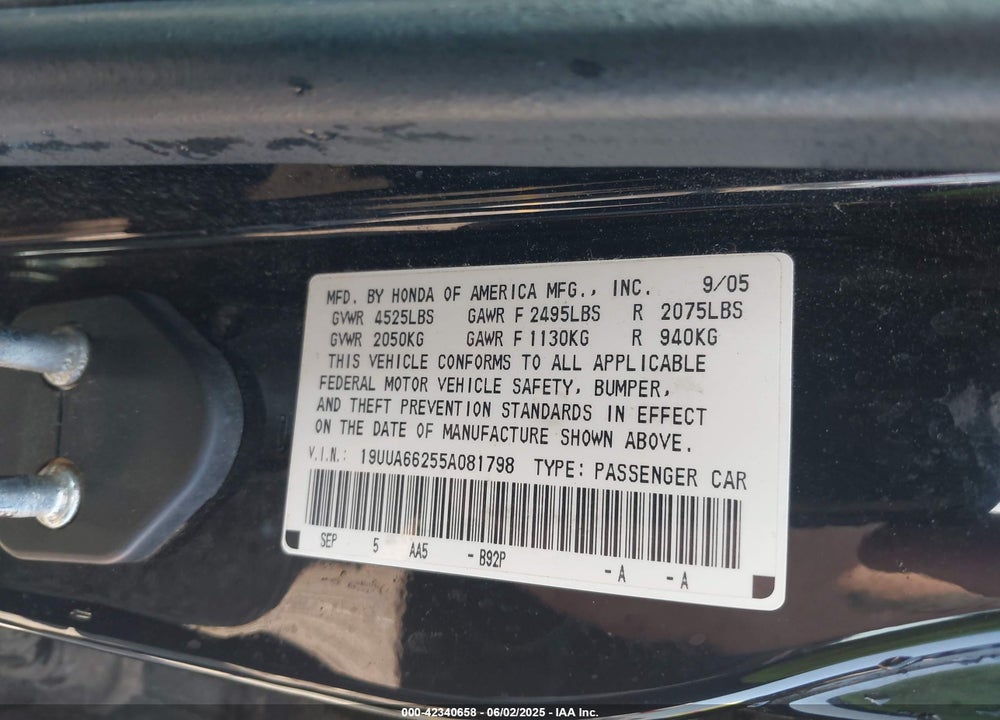 2005 ACURA TL VIN: 19UUA66255A081798