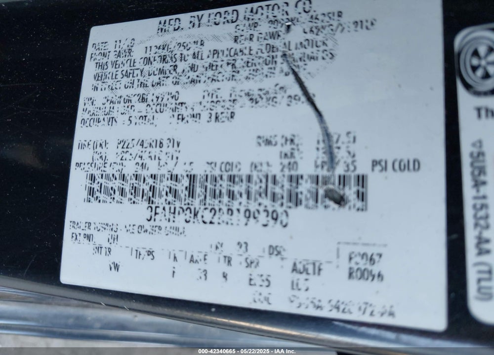 2011 FORD FUSION SPORT VIN: 3FAHP0KC2BR199390