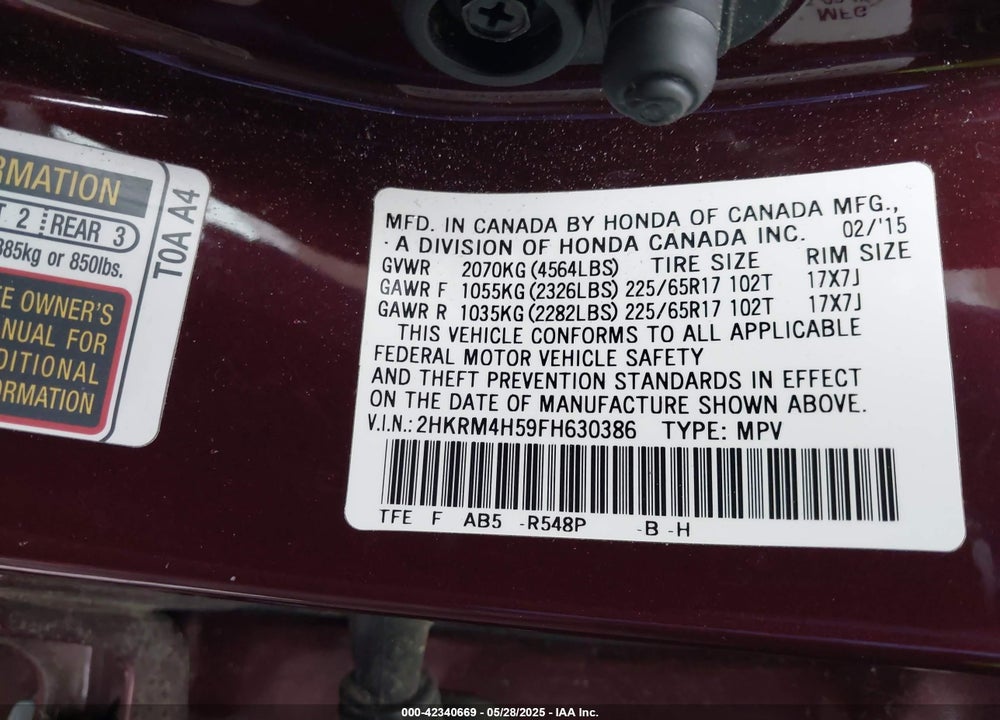 2015 HONDA CR-V VIN: 2HKRM4H59FH630386