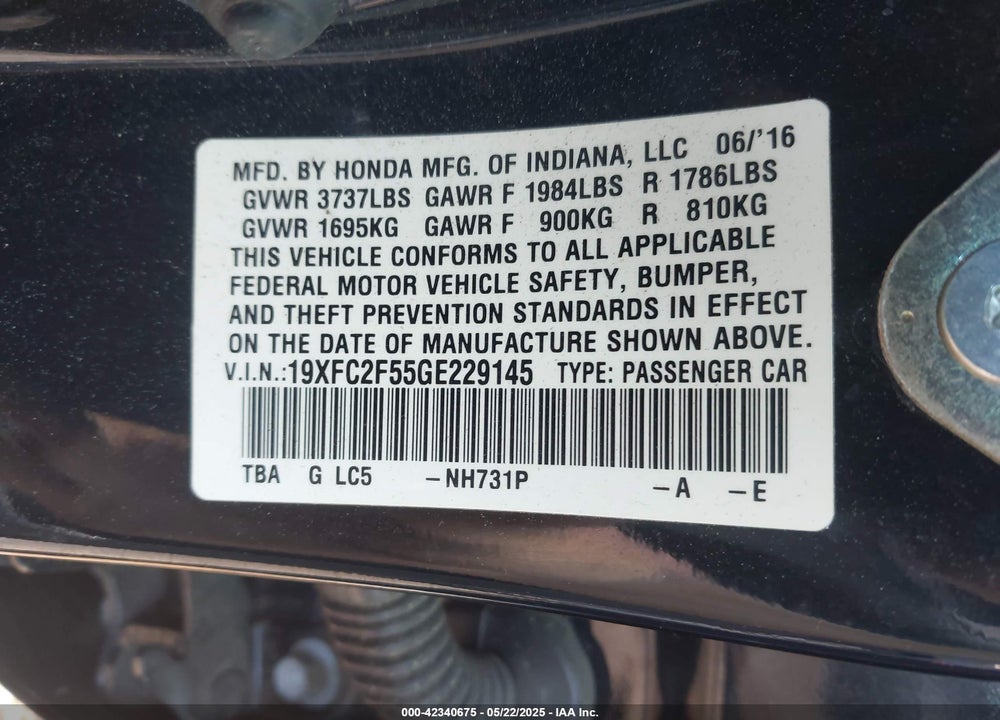 2016 HONDA CIVIC VIN: 19XFC2F55GE229145