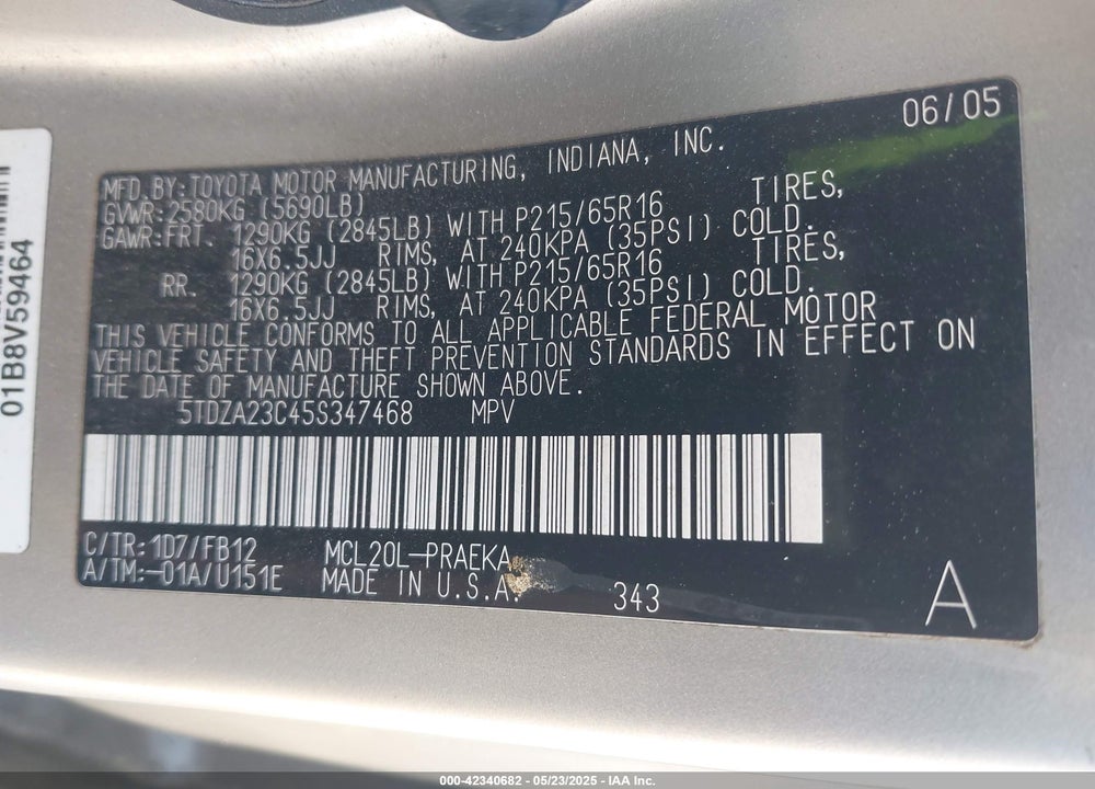 2005 TOYOTA SIENNA CE/LE VIN: 5TDZA23C45S347468