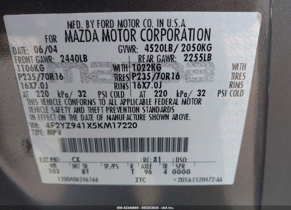 2005 MAZDA TRIBUTE S VIN: 4F2YZ941X5KM17220
