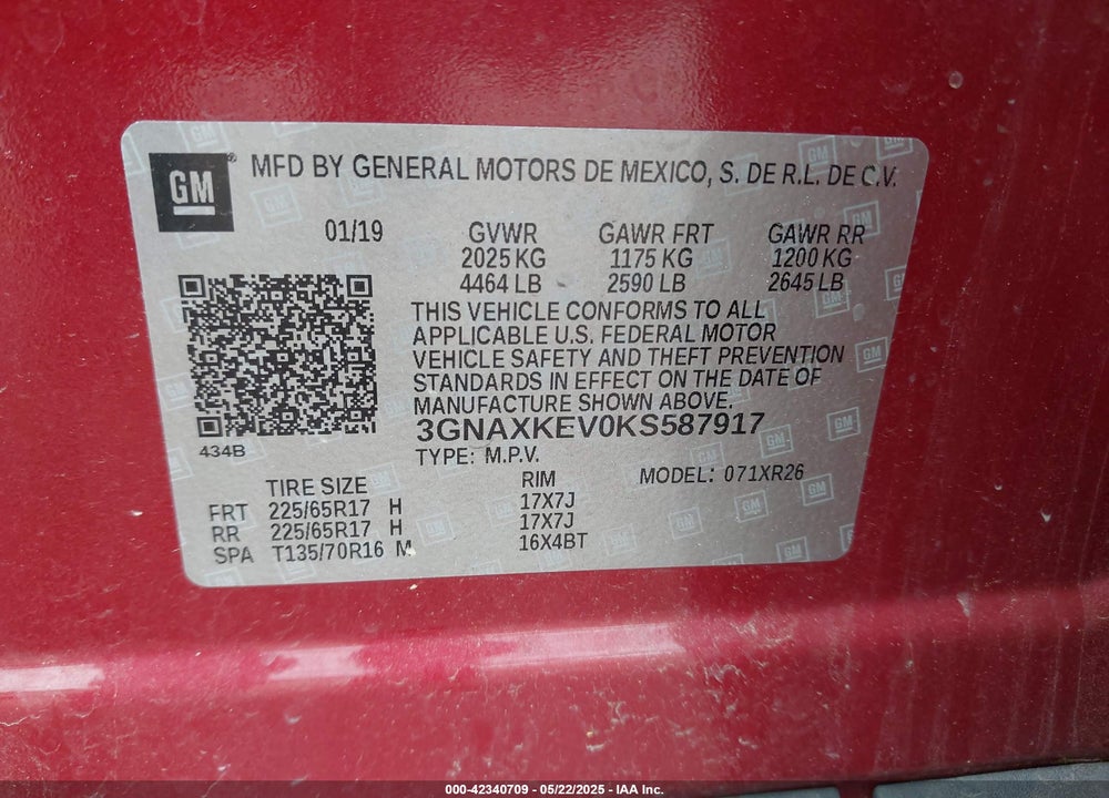 2019 CHEVROLET EQUINOX VIN: 3GNAXKEV0KS587917