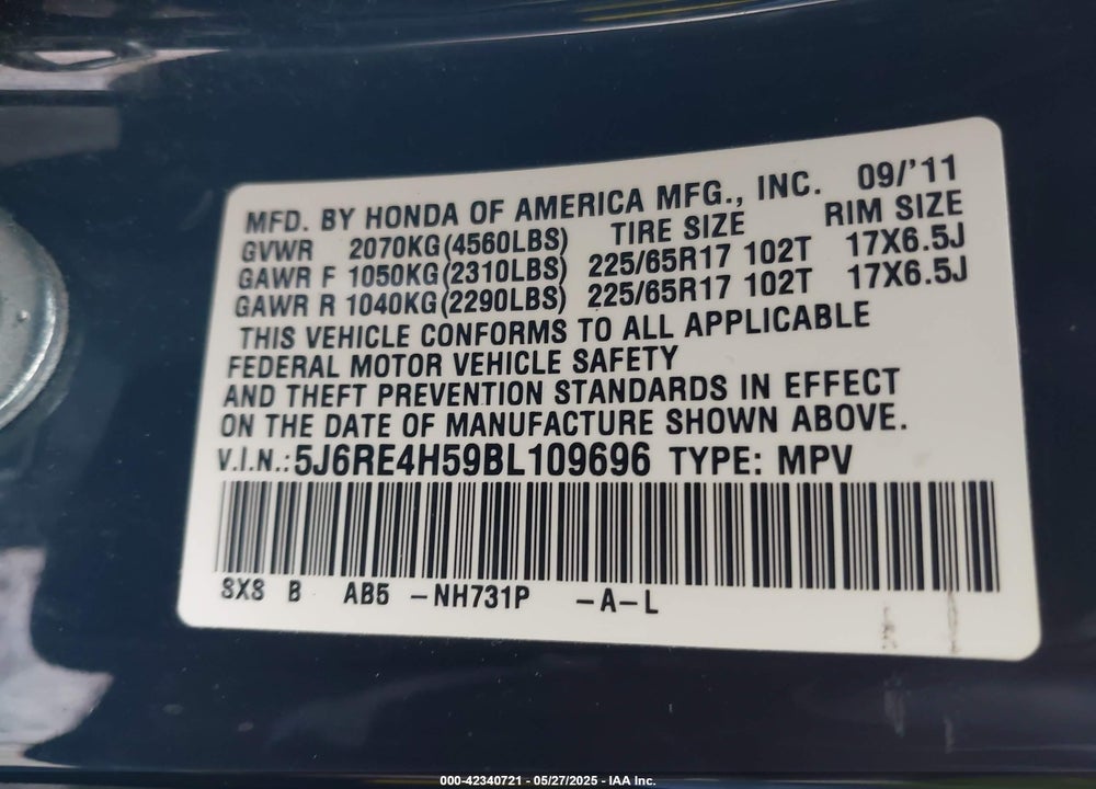 2011 HONDA CR-V EX VIN: 5J6RE4H59BL109696
