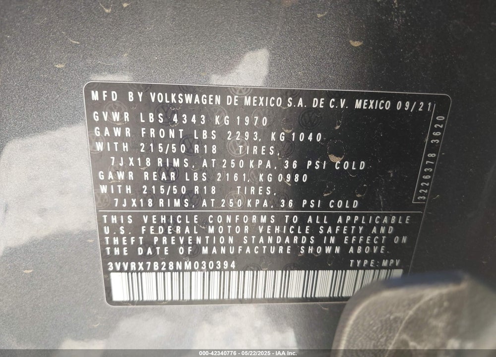 2022 VOLKSWAGEN TAOS 1.5T SE VIN: 3VVRX7B28NM030394